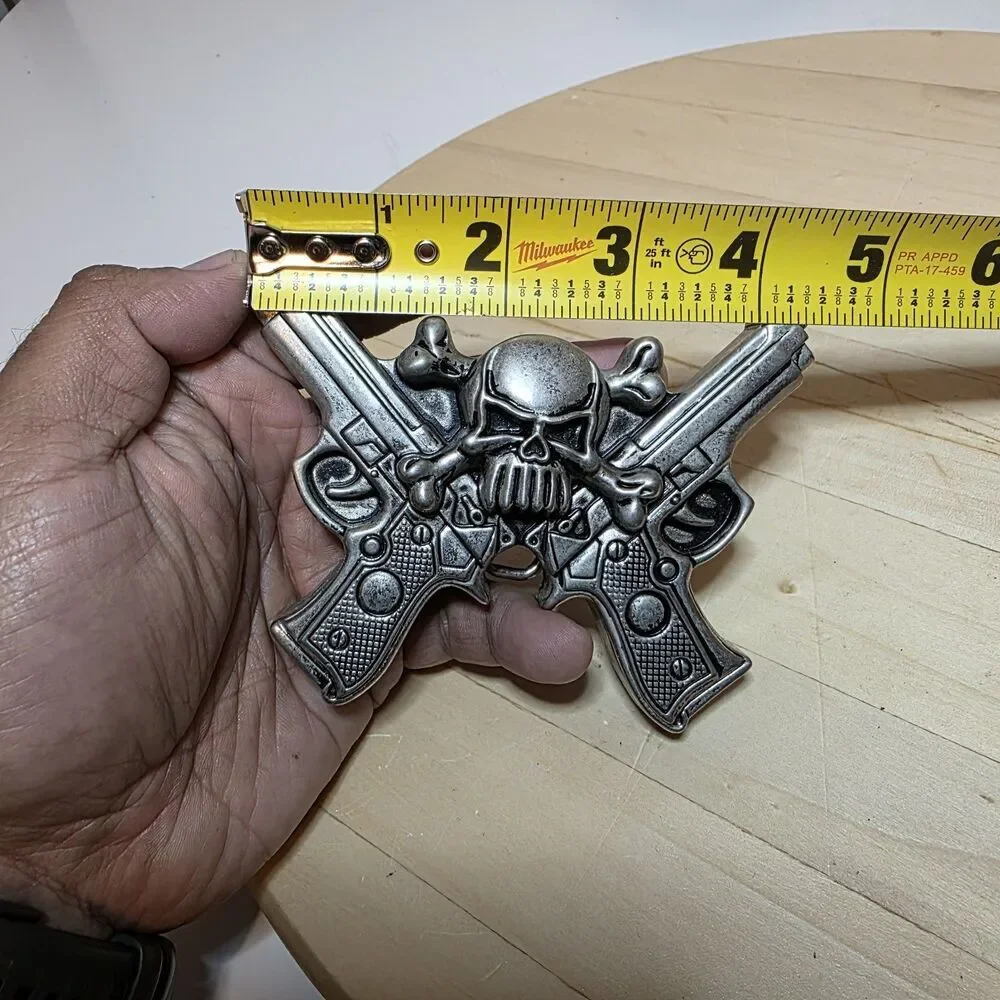 Rock Rebel Large skull and crossed 2 guns belt buckle Antiqued Silver Tone 2A